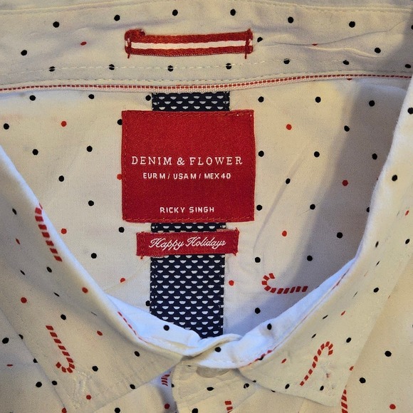 Denim & Flower Ricky Singh Happy Holidays Candy Cane Button Down Shirt Medium - Picture 4 of 4